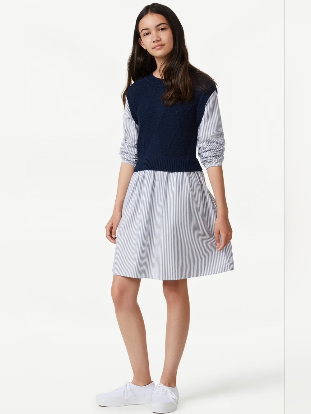 Size S  French ConnectionStriped Blue Shirt Dress with Navy Knit Vestĥ